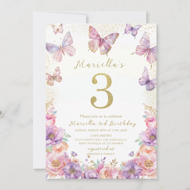 Elegant  Watercolor One 3rd Birthday Butterfly Gir Invitation (Front)
