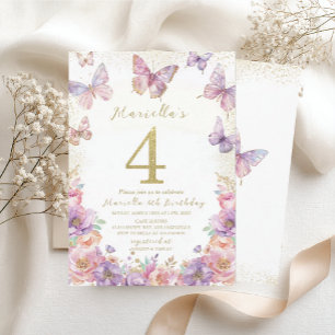 Elegant  Watercolor One 4th Birthday Butterfly Gir Invitation