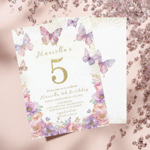 Elegant Watercolor One 5th Birthday Butterfly Gir Invitation
