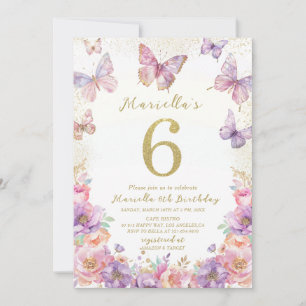 Elegant Watercolor One 6th Birthday Butterfly Gir Invitation