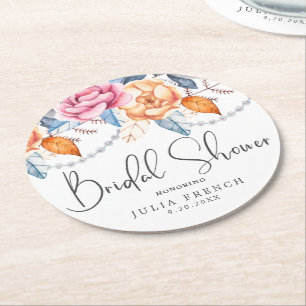 Elegant Watercolor Orange Floral Bridal Shower Round Paper Coaster