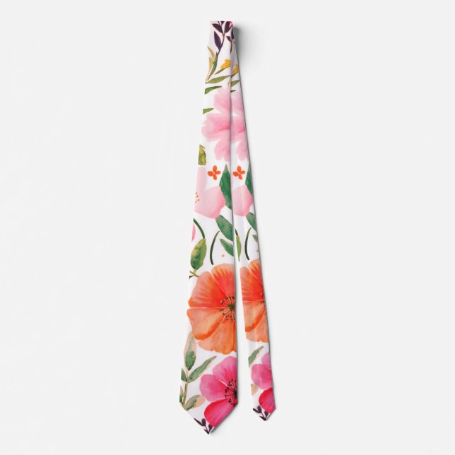 Elegant watercolor orange  pink colour flowers2 tie (Front)