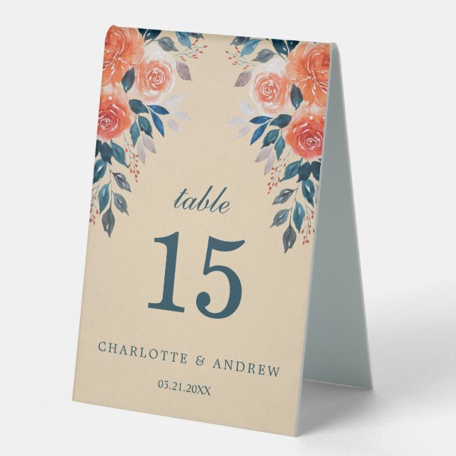 Elegant Watercolor Orange Roses Wedding  Number (Front)