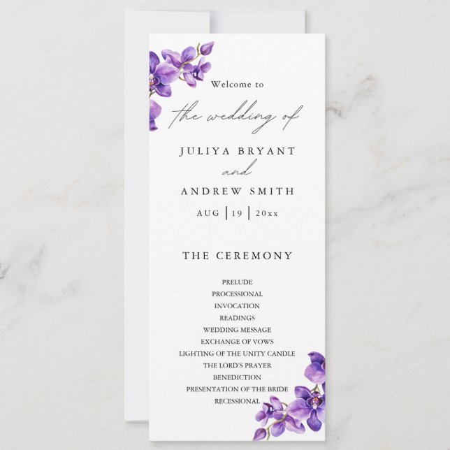 Elegant watercolor Orchid wedding programme card (Front)
