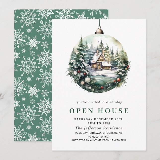 Elegant Watercolor Ornament Christmas OPEN HOUSE Invitation (Front/Back)