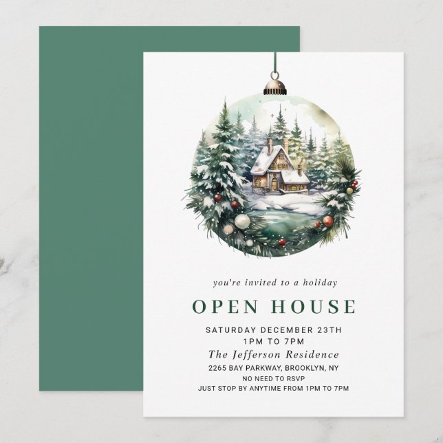 Elegant Watercolor Ornament Christmas OPEN HOUSE Invitation (Front/Back)