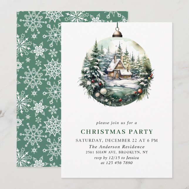 Elegant Watercolor Ornament Christmas Party Invitation (Front/Back)