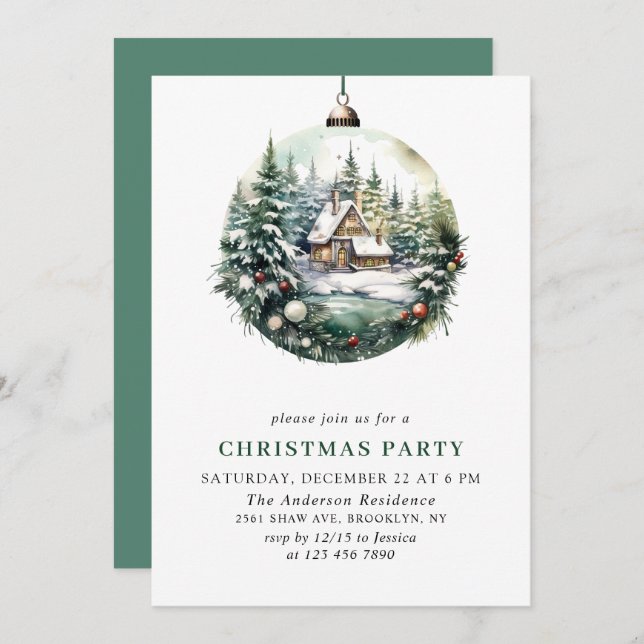 Elegant Watercolor Ornament Christmas Party Invitation (Front/Back)