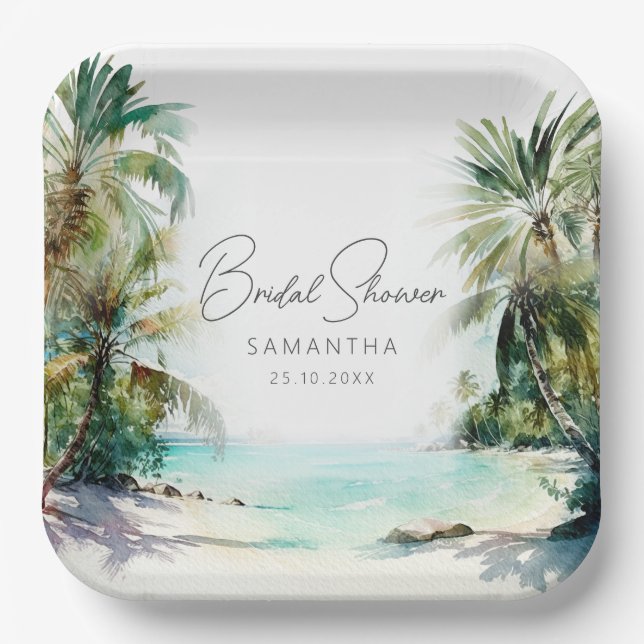 Elegant Watercolor Palm Tree Beach Bridal Shower Paper Plate (Front)