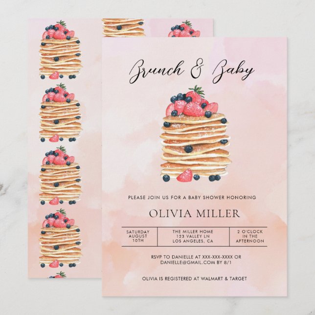 Elegant Watercolor Pancakes Brunch & Baby Shower Invitation (Front/Back)