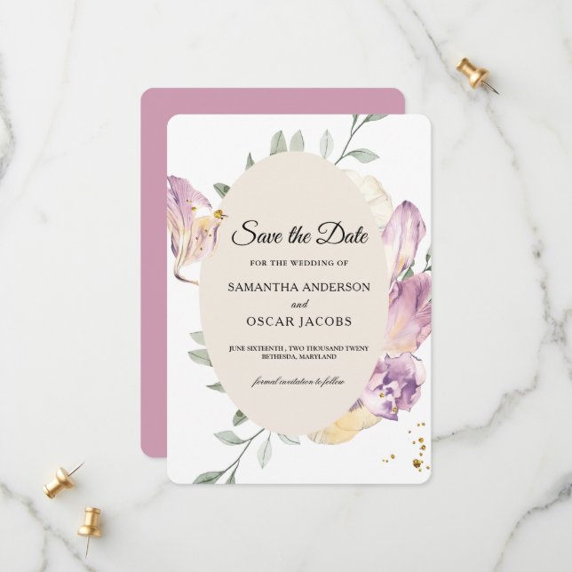 Elegant Watercolor Pansy Floral Oval  Save The Date (Front/Back In Situ)
