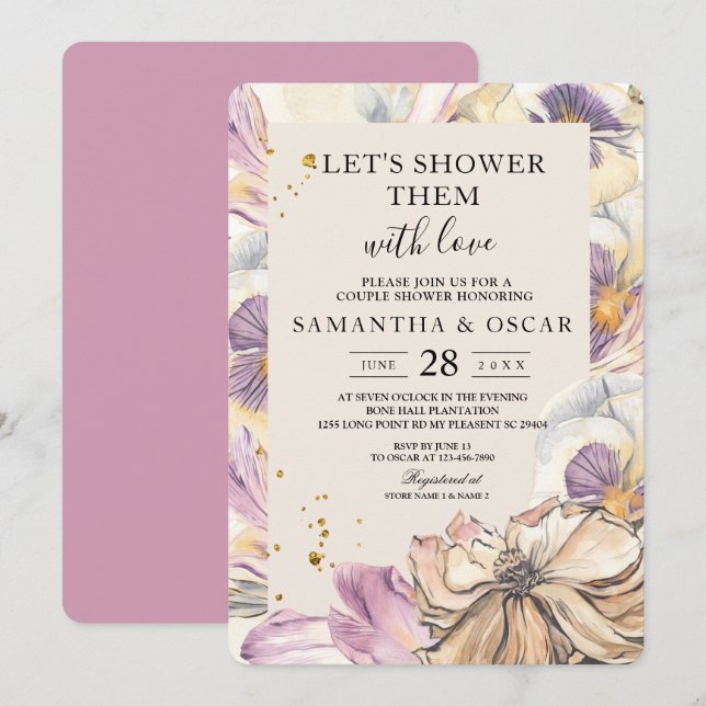 Elegant Watercolor Pansy & Purple Flowers  Invitation (Front/Back)