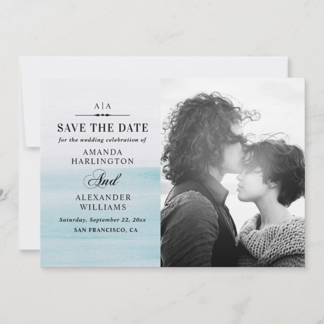 Elegant watercolor pastel blue nautical wedding save the date (Front)