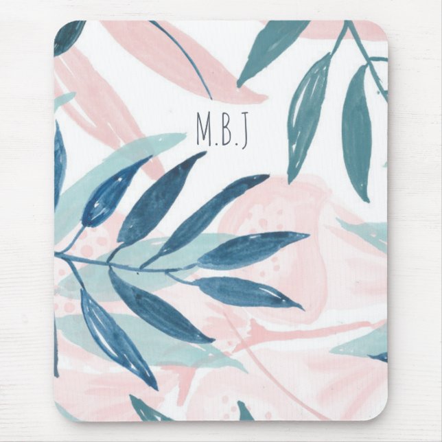 Elegant Watercolor Pastel Leaves Monogram Mouse Mat (Front)