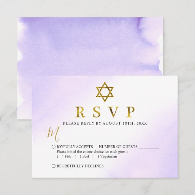 Elegant Watercolor Pastel Purple Gold Bat Mitzvah RSVP Card (Front/Back)