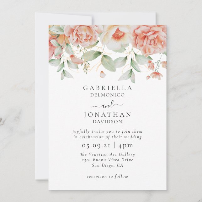 Elegant Watercolor Peach  Floral Border Wedding  Invitation (Front)