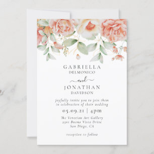 Elegant Watercolor Peach  Floral Border Wedding  Invitation