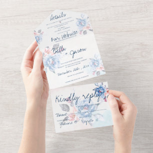 Elegant Watercolor Peach Floral Script Wedding All In One Invitation