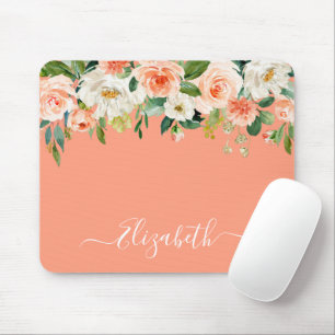 Elegant Watercolor Peach Floral Trendy Script Mouse Mat
