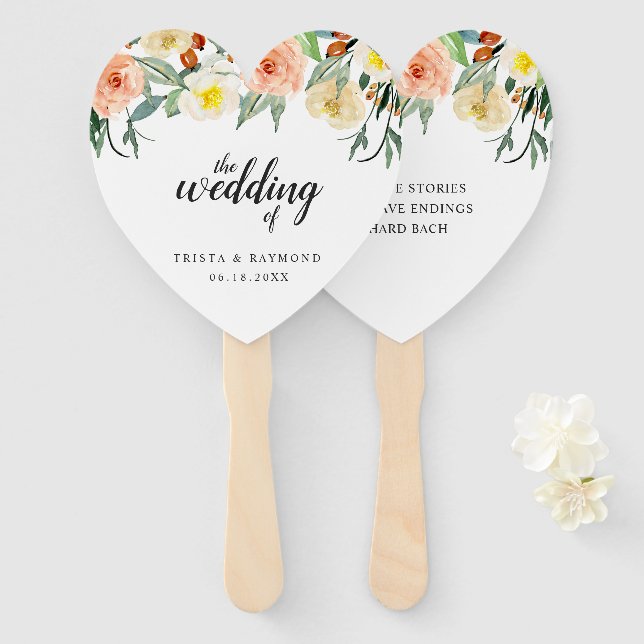 Elegant Watercolor Peach Floral Wedding Hand Fan (Front and Back)