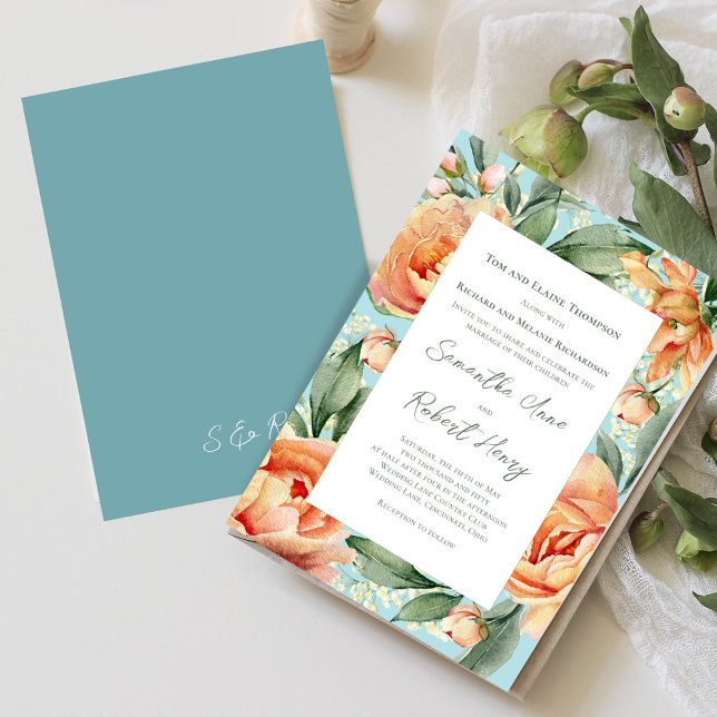 Elegant Watercolor Peach Floral Wedding Invitation (Peach floral elegant invitation)