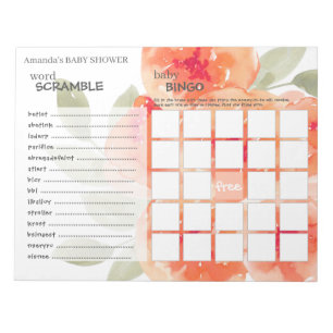 Elegant Watercolor Peach Peonies Baby Shower Games Notepad