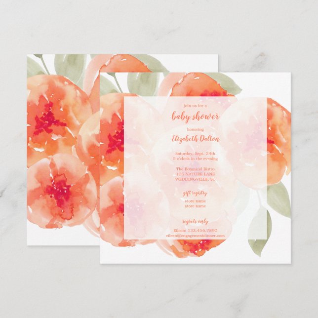 Elegant Watercolor Peach Peonies Baby Shower Invitation (Front/Back)