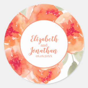 Elegant Watercolor Peach Peonies Floral Wedding Classic Round Sticker