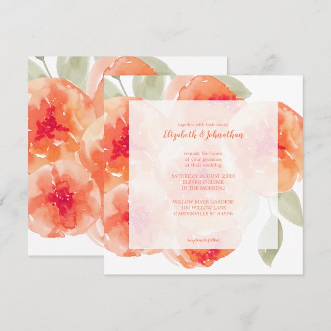 Elegant Watercolor Peach Peonies Floral Wedding Invitation (Front/Back)