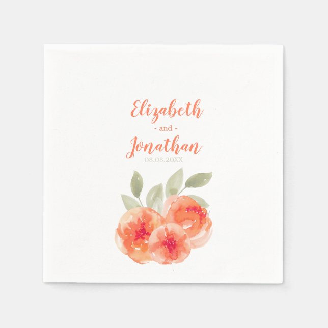 Elegant Watercolor Peach Peonies Floral Wedding Napkin (Front)