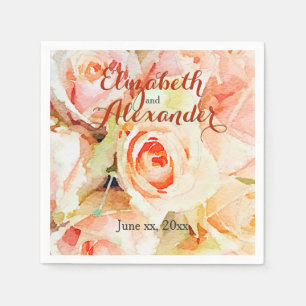 Elegant Watercolor Peach Roses Wedding Napkin