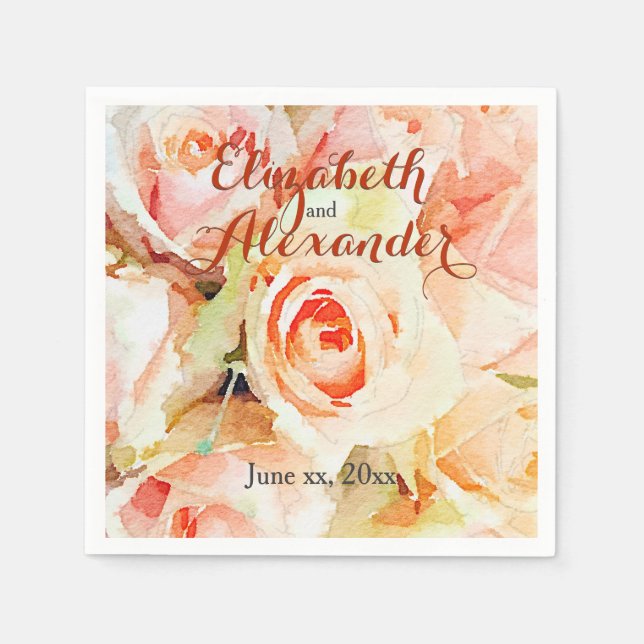 Elegant Watercolor Peach Roses Wedding Napkin (Front)