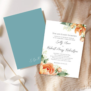 Elegant Watercolor Peach Wedding Floral Blue Invitation