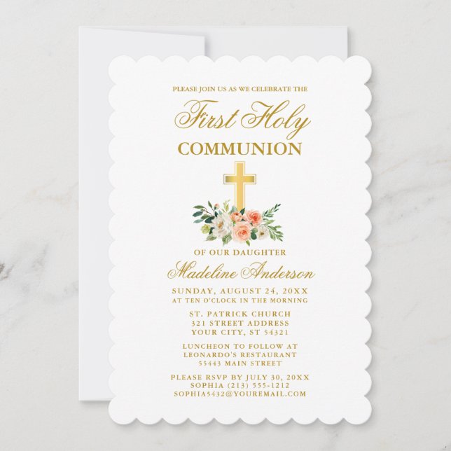Elegant Watercolor Peach White Floral Communion Invitation (Front)