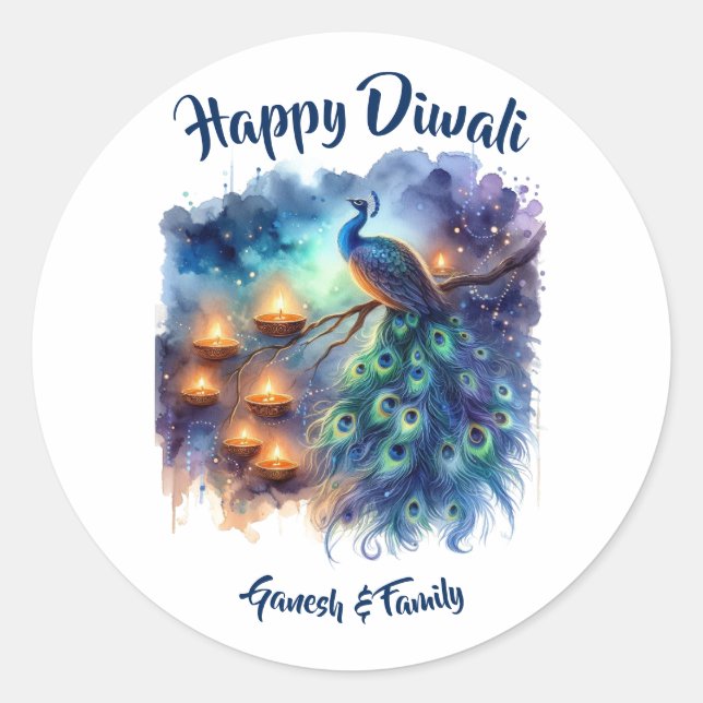 Elegant watercolor Peacock Diwali  Classic Round Sticker (Front)