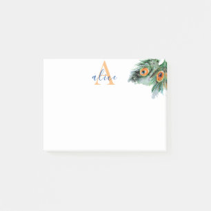 Elegant Watercolor Peacock Feather Monogram Post-it Notes