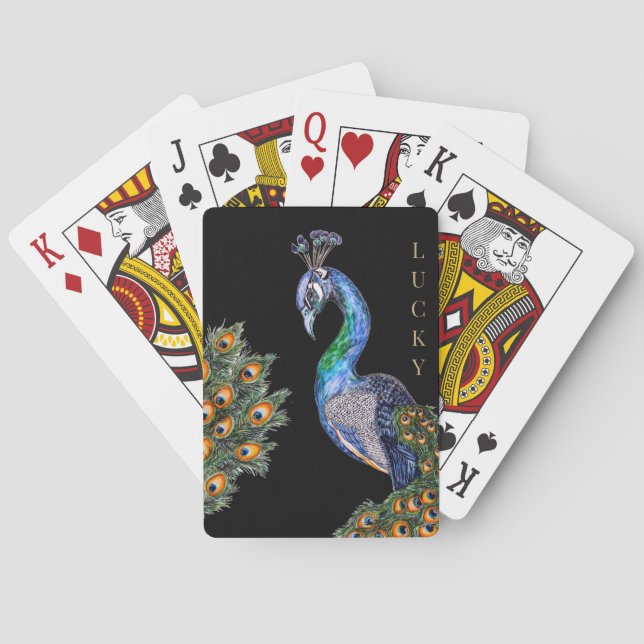 Elegant Watercolor Peacock Lucky Playing Cards (Back)