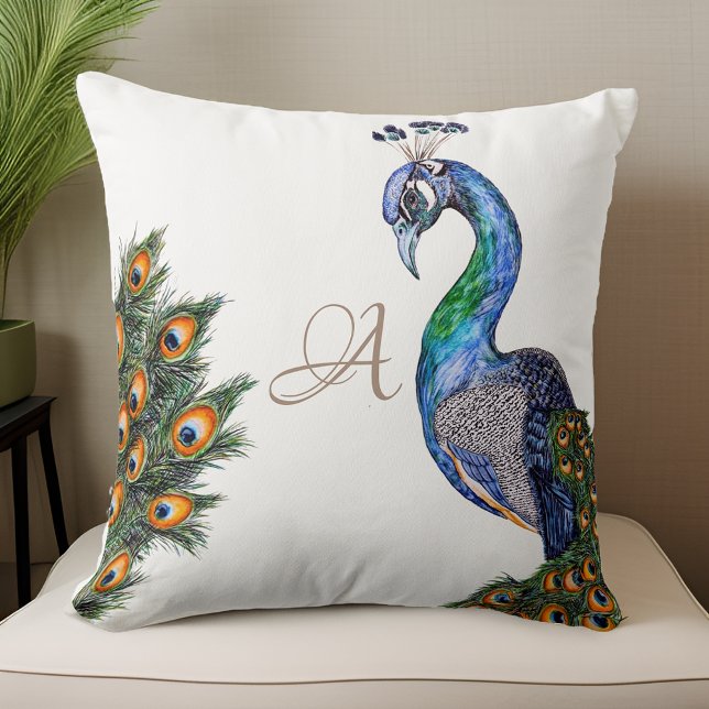 Elegant Watercolor Peacock Monogram Cushion (Creator Uploaded)