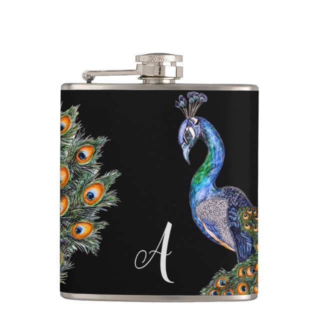 Elegant Watercolor Peacock Monogram Hip Flask (Front)