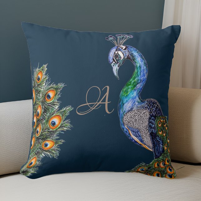 Elegant Watercolor Peacock Monogram Navy Cushion (Creator Uploaded)