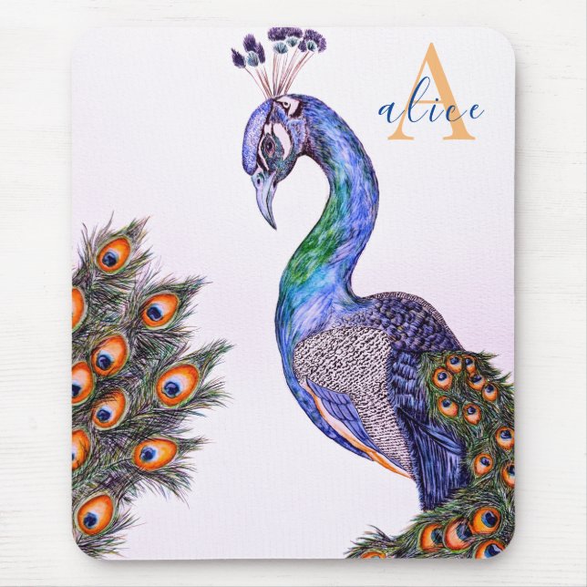 Elegant Watercolor Peacock Monogram Pink Mouse Mat (Front)
