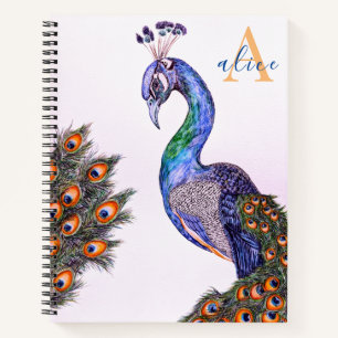 Elegant Watercolor Peacock Monogram Pink Notebook