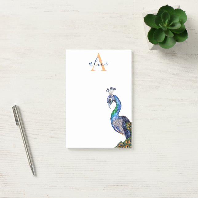 Elegant Watercolor Peacock Monogram Post-it Notes (Office)