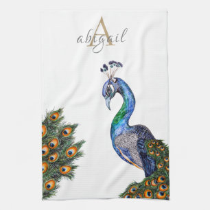 Elegant Watercolor Peacock Monogram Tea Towel