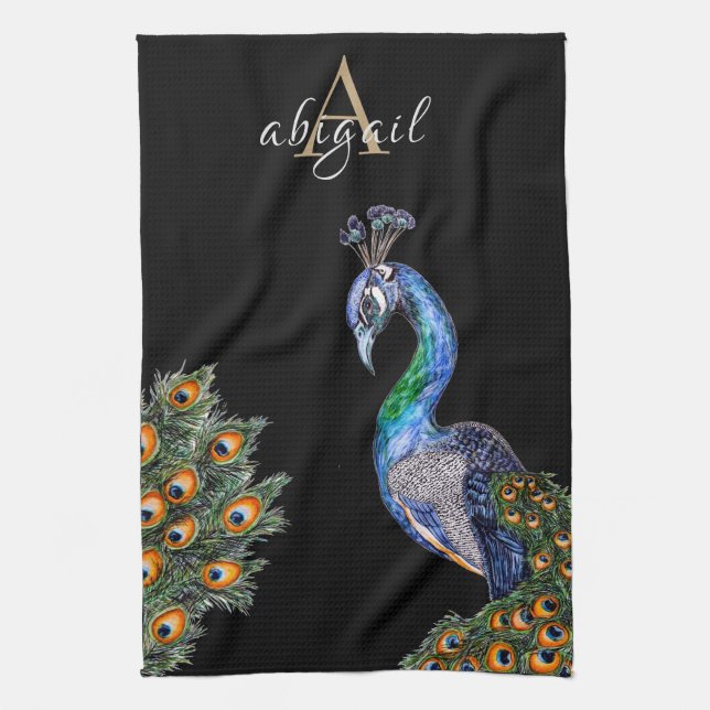 Elegant Watercolor Peacock Monogram Tea Towel (Vertical)
