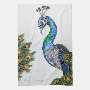 Elegant Watercolor Peacock Monogram Tea Towel