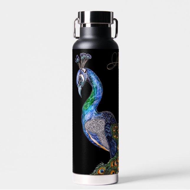 Elegant Watercolor Peacock Monogram Water Bottle (Front)