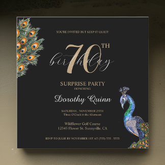 Elegant Watercolor Peacock Surprise Birthday Party Invitation
