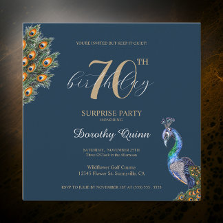 Elegant Watercolor Peacock Surprise Birthday Party Invitation
