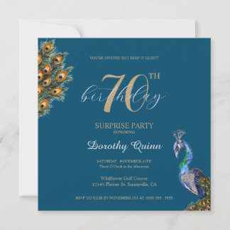 Elegant Watercolor Peacock Surprise Birthday Party Invitation
